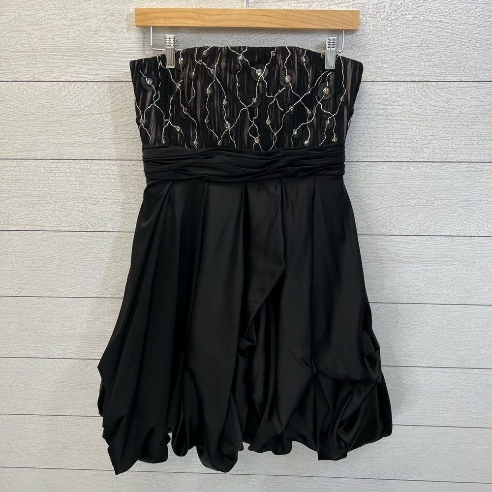 Alice + Olivia Black Rhinestone Strapless Balloon Hem Silk Cocktail Dress Size 6